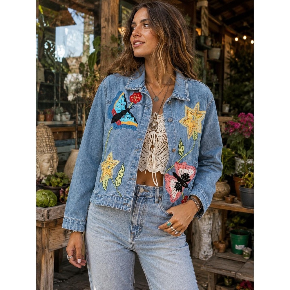 Vintage 90s Y2K Boho Beaded Embroidered White Stag Butterfly Denim Jacket L